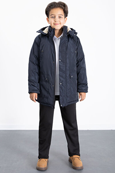Cansın Mini Navy Blue Fur Inside Removable Hood Basic Boy's down Jacket 21436