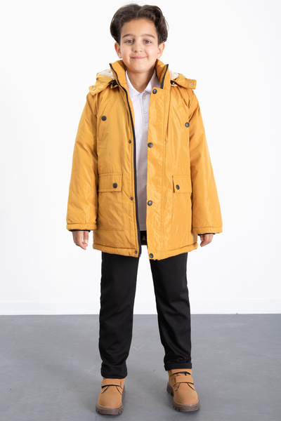 Cansın Mini Mustard Fur Inside Removable Hood Basic Boys down Jacket 21440