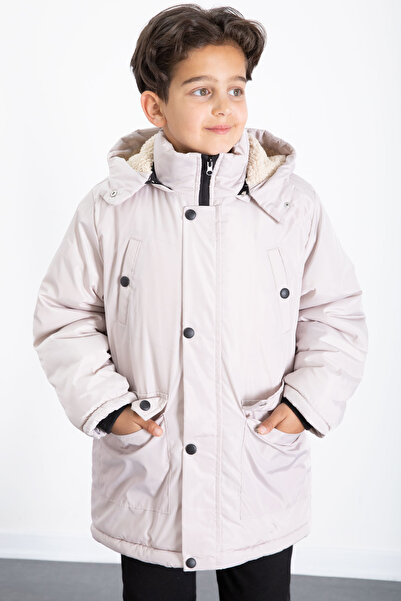 Cansın Mini Beige Fur Inside Removable Hood Basic Boy's down Jacket 21441