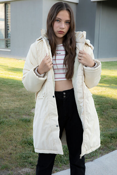 Cansın Mini Cream Belted Nubuck Fabric Girl's Fur Lined Hooded down Jacket 21315
