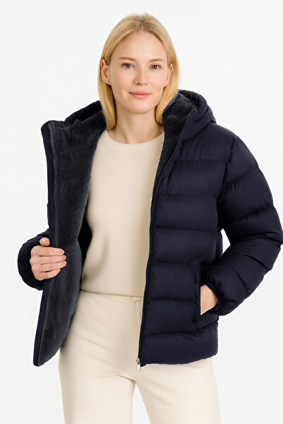 VODENS Темно-синє товсте водонепроникне надувне пальто з капюшоном і куркою всередині