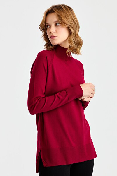 Desen Triko Women's Half Turtleneck Sweater with Slits Cherry