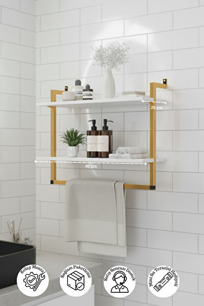 Euromob 40x20 cm Banyo Rafı Duvara Monte Havluluk 2 Katlı Dekoratif Düzenleyici Organizer Gold Metal