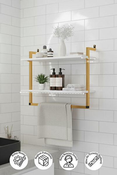 Euromob 60x20 cm Banyo Rafı Duvara Monte Havluluk 2 Katlı Dekoratif Düzenleyi...