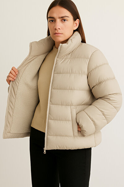 VODENS Palton puf impermeabil pentru femei, bej, cu guler vertical