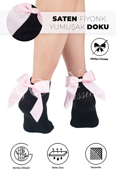 Sofya Passion Pink Bow Bamboo Black Socks - Seamless Toe, Soft Black Women's ...