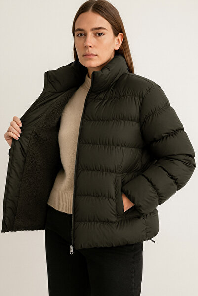 VODENS Palton puf impermeabil pentru femei, kaki, cu guler vertical