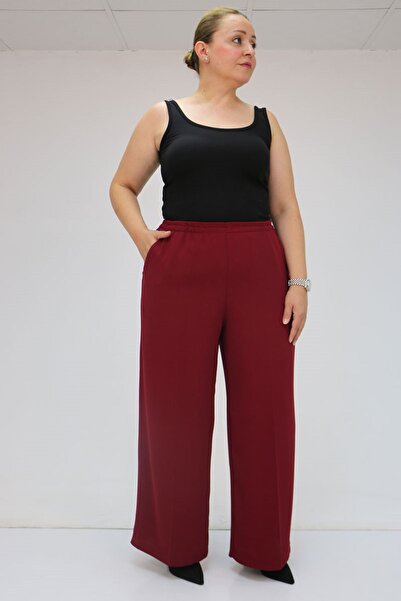 Eslina 59014 Plus Size Elastic Waist Wide Leg Pants - Burgundy