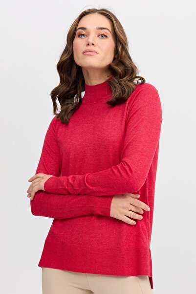 Desen Triko Women's Half Turtleneck Slits on the Sides Sweater Red