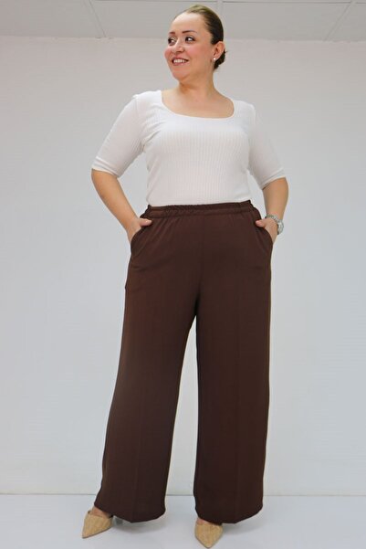 Eslina 59014 Plus Size Elastic Waist Wide Leg Pants - Brown