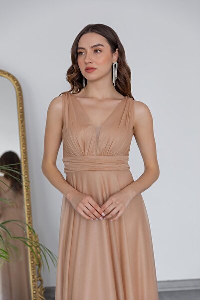 Neşeli Butik kadın gold drapeli tül abiye elbise NB2030