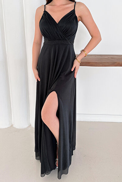 Neşeli Butik Women Adjustable Strap Slit Tulle Evening Dress Rys9276
