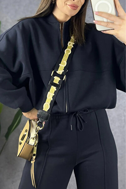 Neşeli Butik γυναικείο σετ φόρμας με φερμουάρ 3 κλωστών NB0018 - Μαύρο