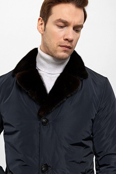 Deriderim Lacivert Kumaş Hugo Yakası Yünlü Erkek Kaban