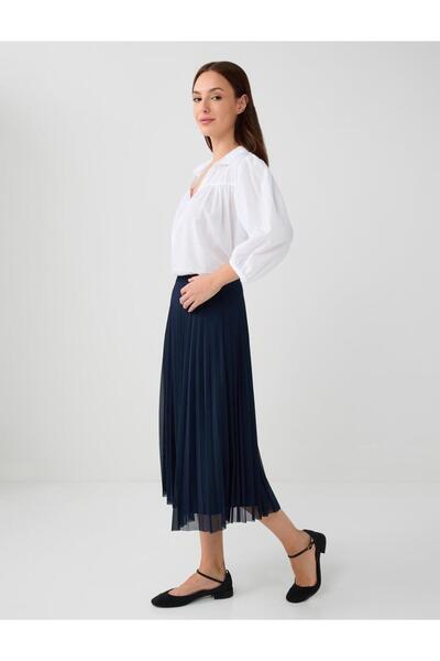Jimmy Key Navy Blue High Waist Pleated Relaxed Fit Midi Skirt