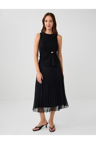 Jimmy Key Black High Waist Pleated Relaxed Fit Midi Skirt