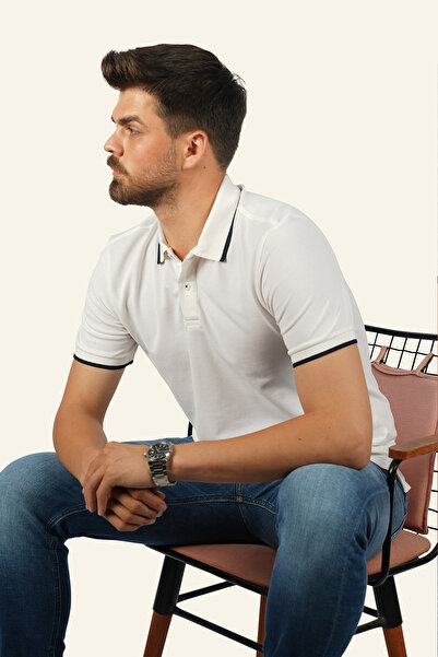 Etikmen Λευκό ανδρικό μπλουζάκι με ριγέ γιακά μπλε ναυτικό