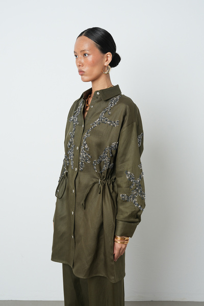 Orfeo Negro Women's Beaded Waist-Tied Jacket with Snap Closure