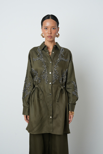 Orfeo Negro Women's Beaded Waist-Tied Jacket with Snap Closure