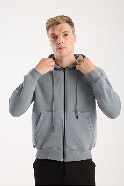 kaphone 10 Erkek Pamulu 3 İplik İçi Polarlı Tam Fermuar Kapüşonlu Sweatshirt