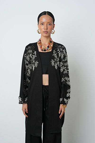 Orfeo Negro Kadın Yakası Ve Kolları Boncuk İşlemeli Oversize Uzun Kimono