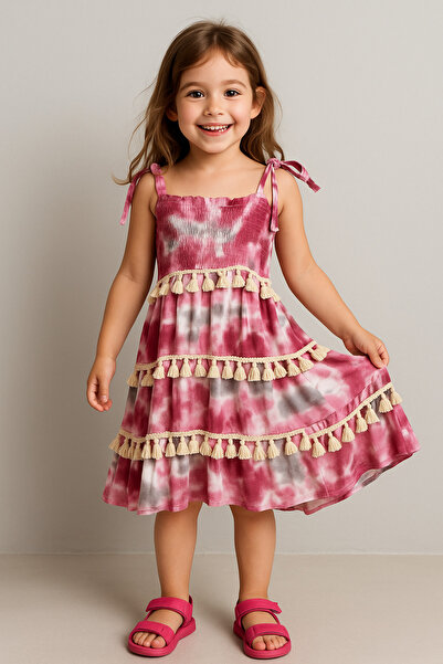 Hilal Akıncı Kids Kız Çocuk Püsküllü Gipeli Pamuk Viskon Uzun Elbise