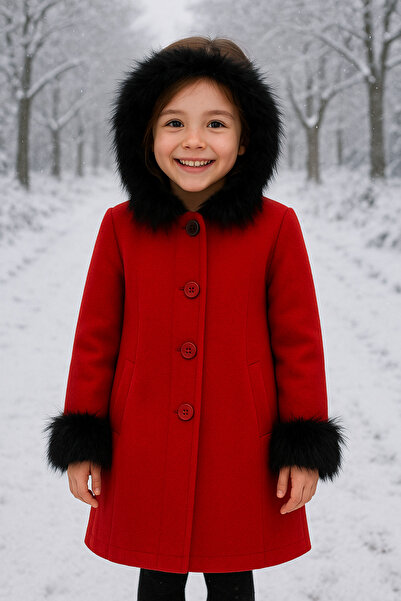 Hilal Akıncı Kids Girl's Hooded and Sleeved Cashmere Coat with Fur Detail