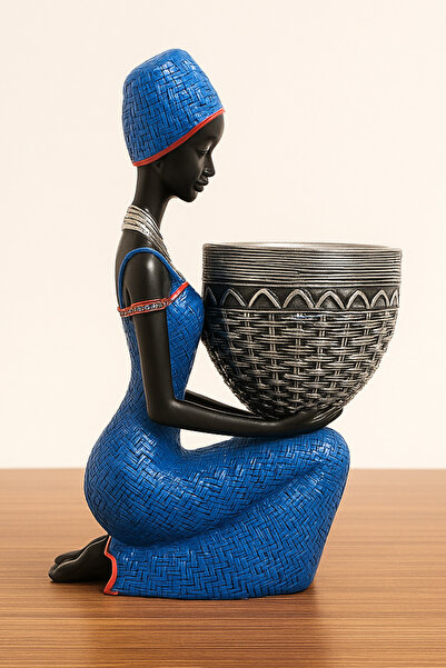 Euro Decora Afrika Esintili Sepetli Kız Biblo Dekoratif Heykel Ev & Ofis Akse...