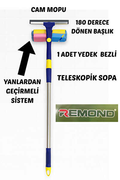 Remond 180° Dönebilen Teleskopik Çekçekli Pratik Cam Silme Aparatı (Yedek Bez...
