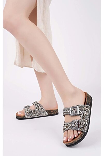 KOCAMANLAR Feles Double Buckle Cork Sole Stone Detailed Women's Slippers Gray