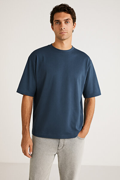 GUARAZ Чоловічий індіго синій оверсайз футболка з круглим вирізом, 100% органічна бавовна, прямий крій, базова літня футболка