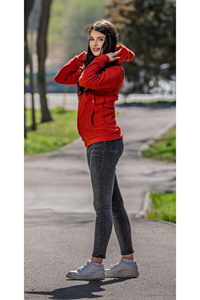 Masstex Red Alaska sweatshirt for women – 100% microfleece, hood and zipper