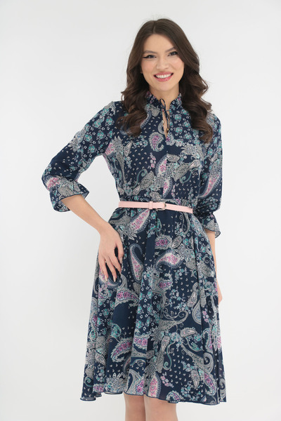 Vanessa Line RO Navy blue wrap dress with a pink belt at the waist