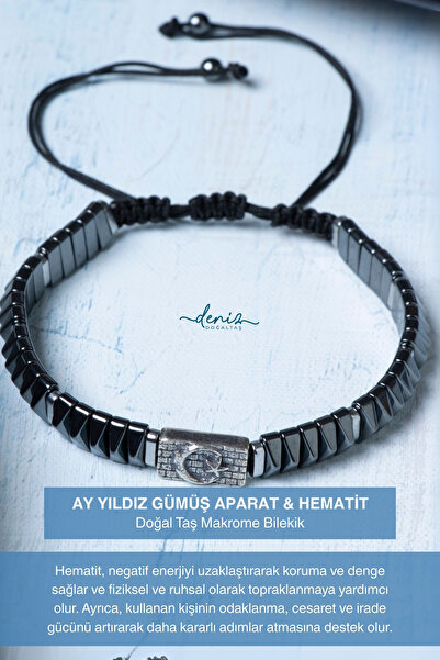 Deniz Doğal Taş Sertifikalı Hematit Doğal Taş 925 Ayar Gümüş Ay Yıldız Amblem...