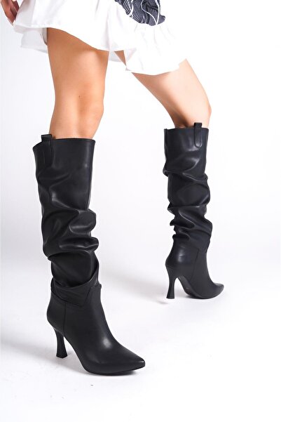 Mubiano MBV100-S Μαύρες μακριές μπότες με λεπτό τακούνι με φυσούνα