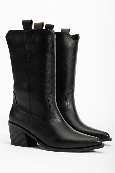 DENORA Siyah Mat Deri Ara Boy Düz Desen Topuklu Kovboy Bot Çizme
