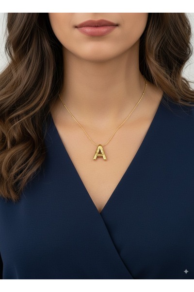 JewAksesuar Çelik Balon Harf 14 Ayar Altın Kaplama Kolye A Harfi Garanti Belgeli