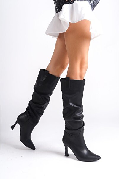 Mubiano MBV100-S Μαύρες μακριές μπότες με λεπτό τακούνι με φυσούνα