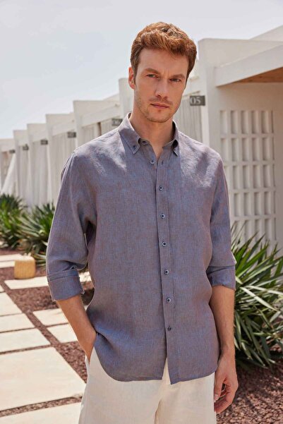 Paşahan Сорочка з коміром на ґудзиках, багатоколірна, комфортний крій, 100% льон, чоловіча