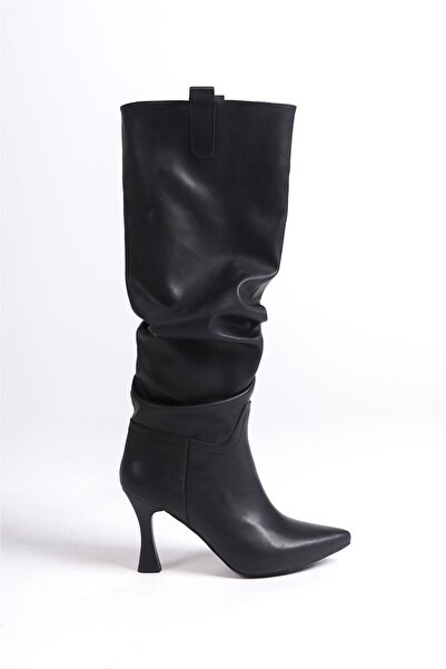 Mubiano MBV100-S Μαύρες μακριές μπότες με λεπτό τακούνι με φυσούνα