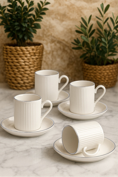 Kitchen Life 12 Parça 6 Kişilik Stackable Çizgili Altın Yaldızlı Kahve Fincan Takımı - Kahve Fincanı Seti 100ml
