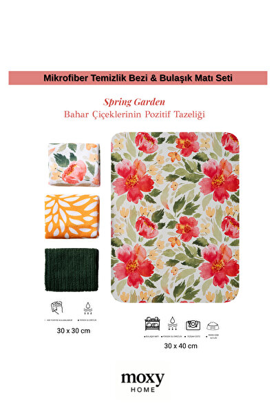 Spring Garden - Bahar Esintisi Desenli Mikrofiber Temizlik Bezi 3'lü & Bulaşık Kurutma Matı Set