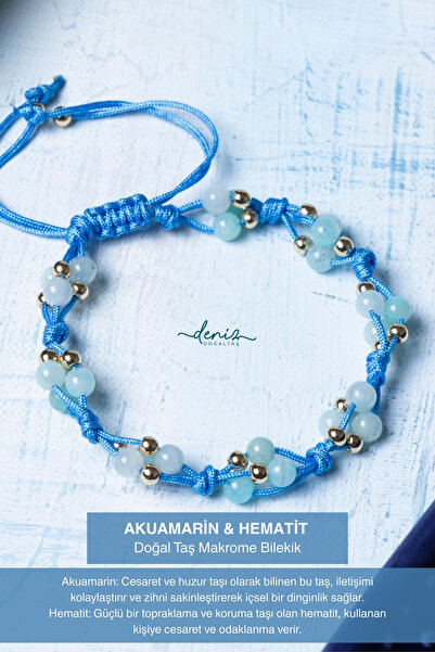 Deniz Doğal Taş Certified Acumarine (4 mm) Hematite Natural Stone Macrame Bra...