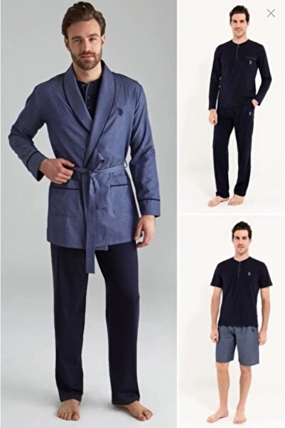 U.S. Polo Assn. Kutulu 5 Parça Damat Çeyiz Seti (Uzun Kollu Pijama Tk + Kısa Kollu Pijama Tk + Ropdöşambır Sabahlık)