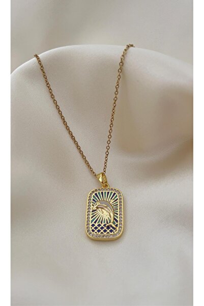 Goche Bijuteri Yunus Balığı Tarot Gold Renk Zirkon Taş Kenarlı Çelik Kolye