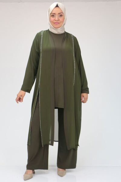 Eslina F-47307 Large Size Stone Printed Three-Piece Set - Khaki