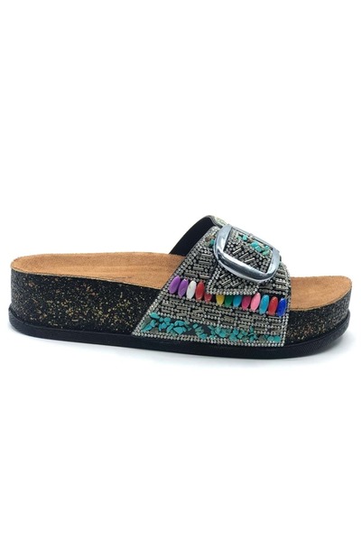 Kocamanlar Ayakkabı Feles Single Buckle Cork Sole Stone Detailed Women's Slippers Black