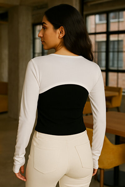 mirach Sıfır Yaka Parmak ve El Geçmeli Boyunluklu Kolluk Penye Pamuk Uzun Kollu Tesettür Bodysuit Kolluk