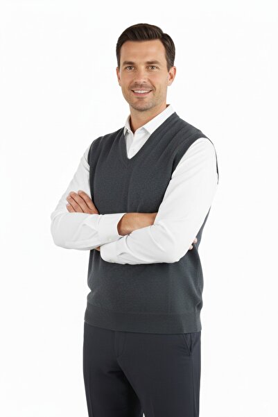 Oppland Men's V-Neck Solid Color Classic Model Comfortable Cut Full Pattern Thin Wool Woven Sweater