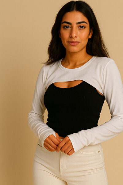 mirach Sıfır Yaka Parmak ve El Geçmeli Boyunluklu Kolluk Penye Pamuk Uzun Kollu Tesettür Bodysuit Kolluk